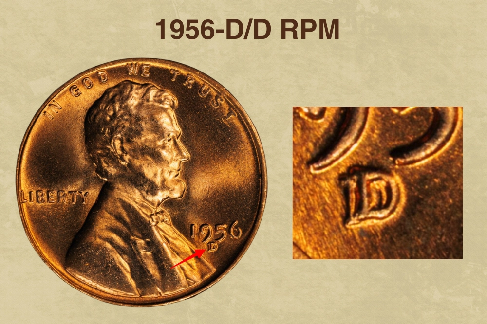 1956-D wheat penny mint mark comparison: standard D (left) versus D/D RPM FS-501 showing shadow secondary D (right)