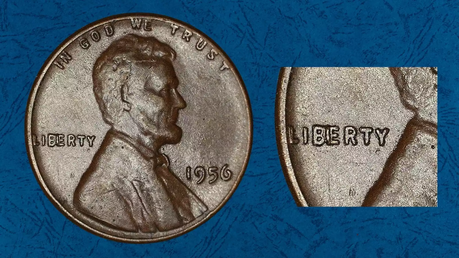1956 wheat penny BIE die break error showing raised mark between B and E in LIBERTY resembling an I