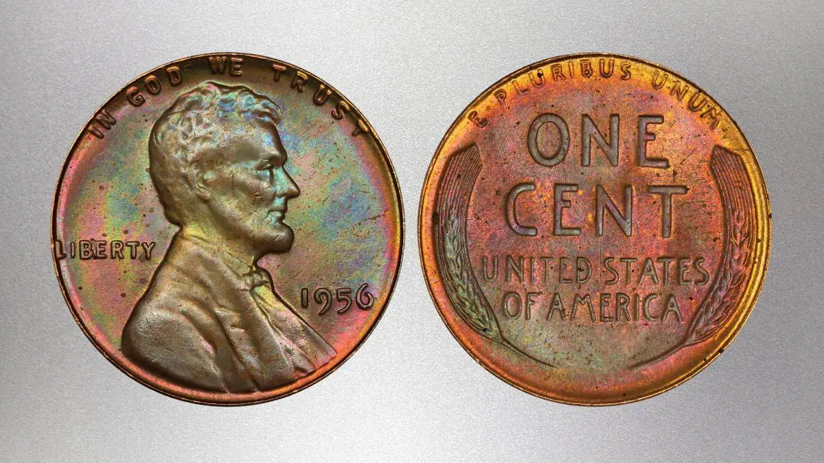 Group of 1956 wheat pennies showing Philadelphia no-mint-mark, Denver D, and Proof varieties side by side